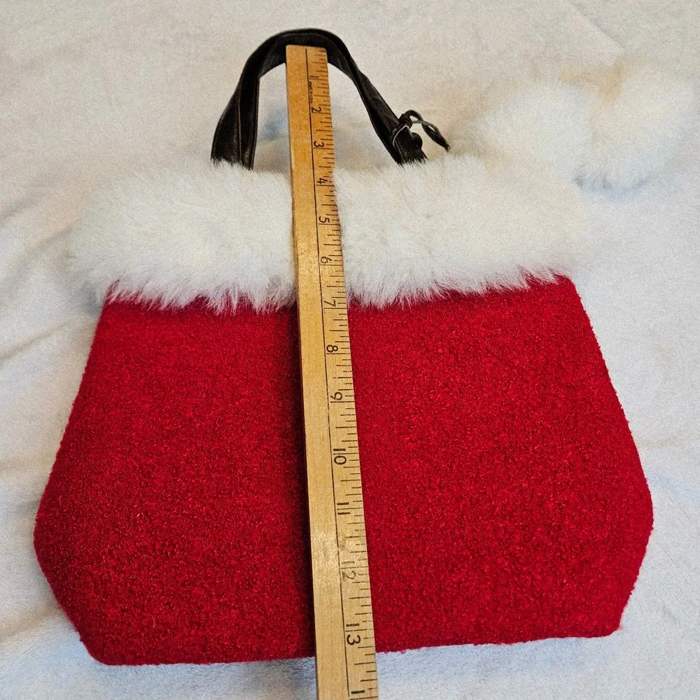 Bath Body Works Womens Red White Faux Fur Pom Pom Holiday Tote Bag Small Festive